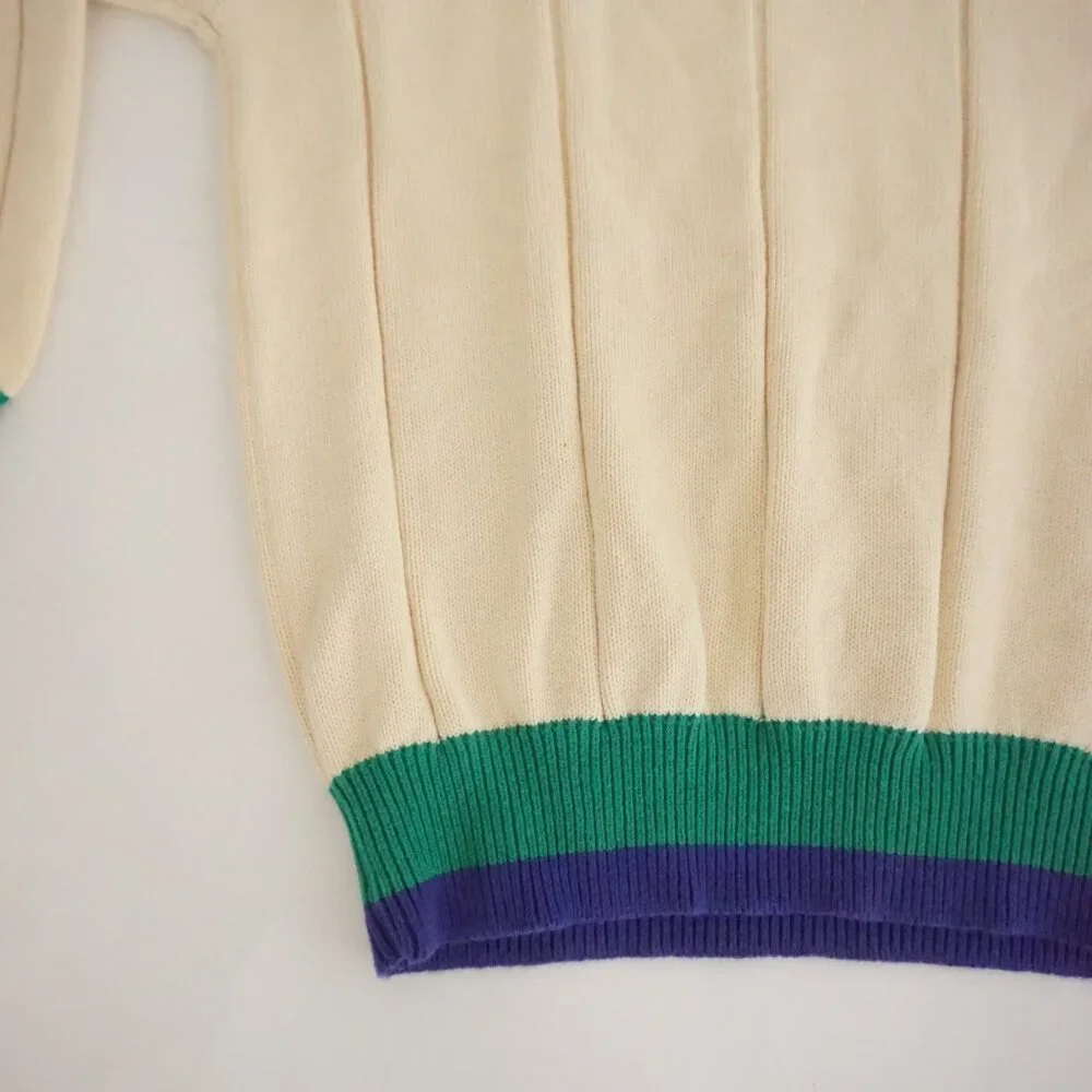 Gant Cream Cotton Ribbed Knit Sweater Green Trim Preppy Collegiate Old Money L - Picture 6 of 9